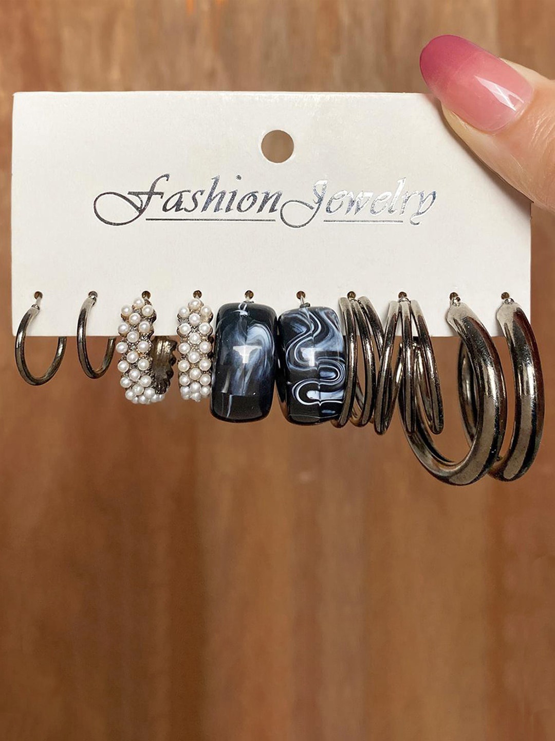 

Jewels Galaxy Set Of 5 Silver Plated Contemporary Hoop Earrings, Black