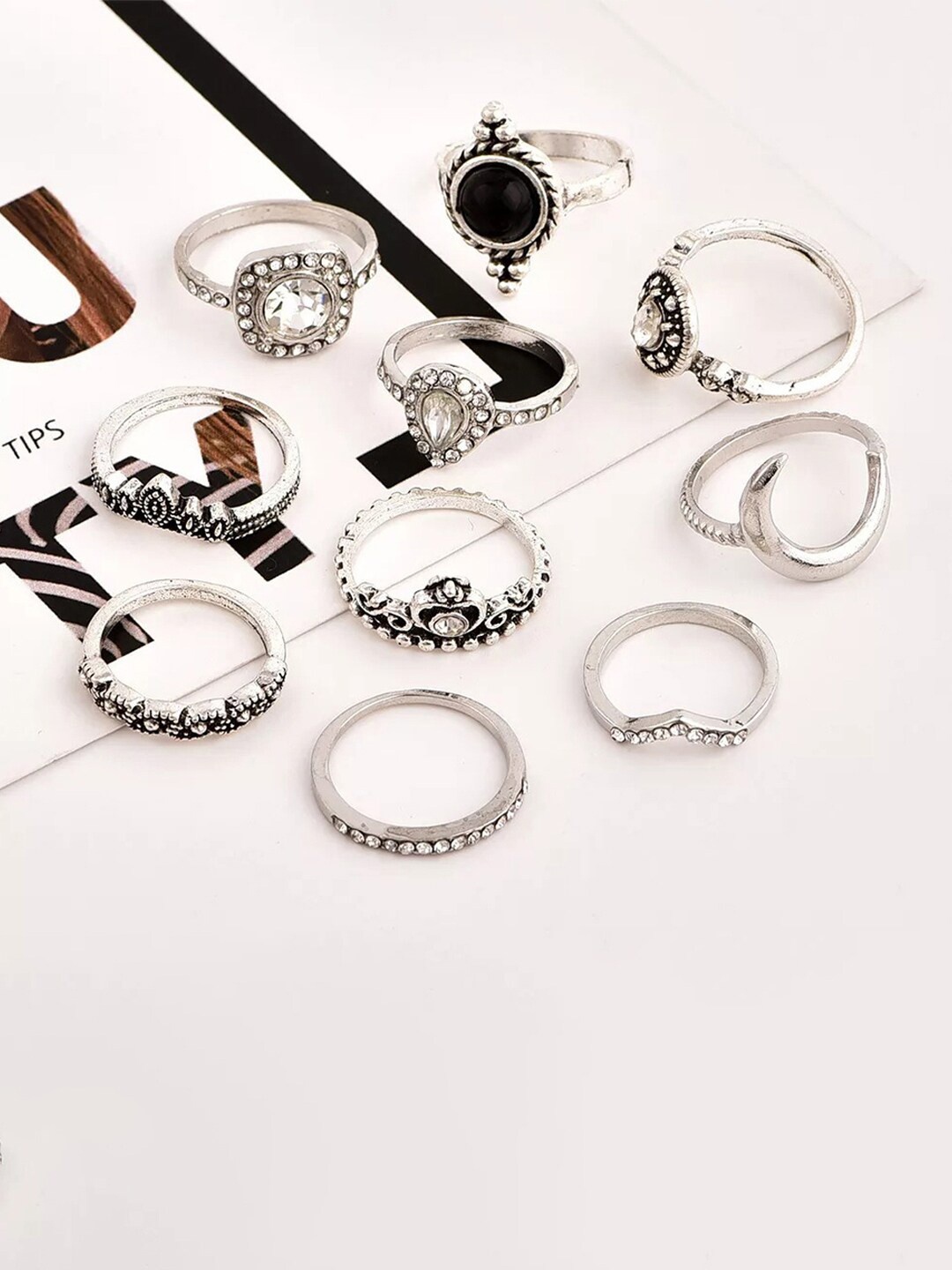 

Jewels Galaxy Women Set Of 11 Silver-Plated Stone-Studded Adjustable Finger Ring