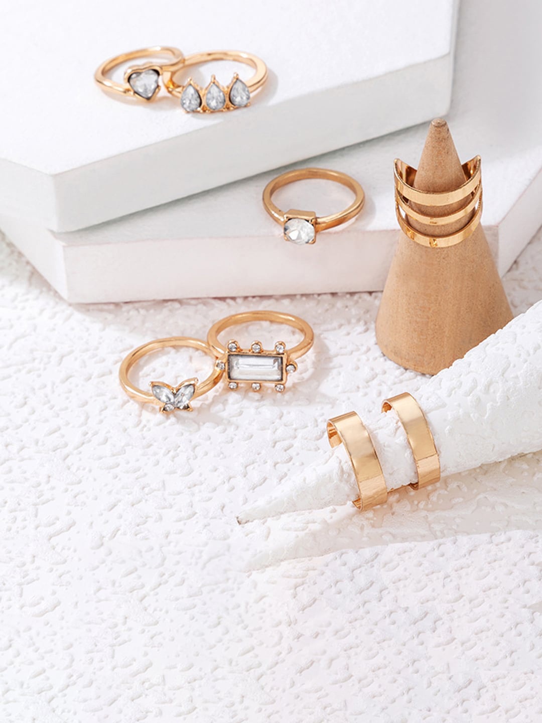 

Jewels Galaxy Set Of 7 Gold-Plated Stone-Studded Finger Ring, White