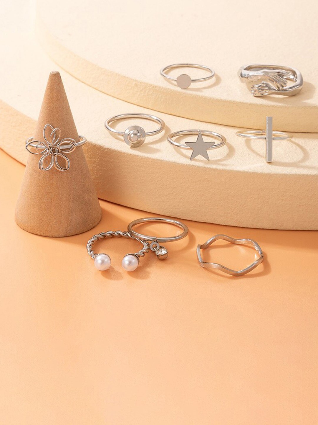 

Jewels Galaxy Set Of 9 Silver-Plated Stone-Studded Adjustable Finger Ring, White