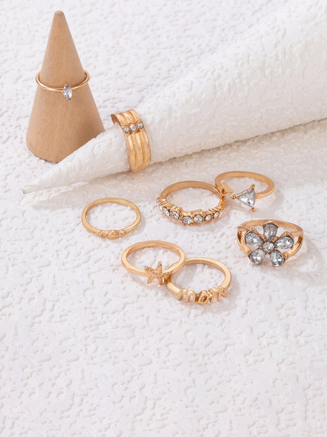 

Jewels Galaxy Set of 8 Gold Plated Adjustable MOM Floral Finger Ring, White