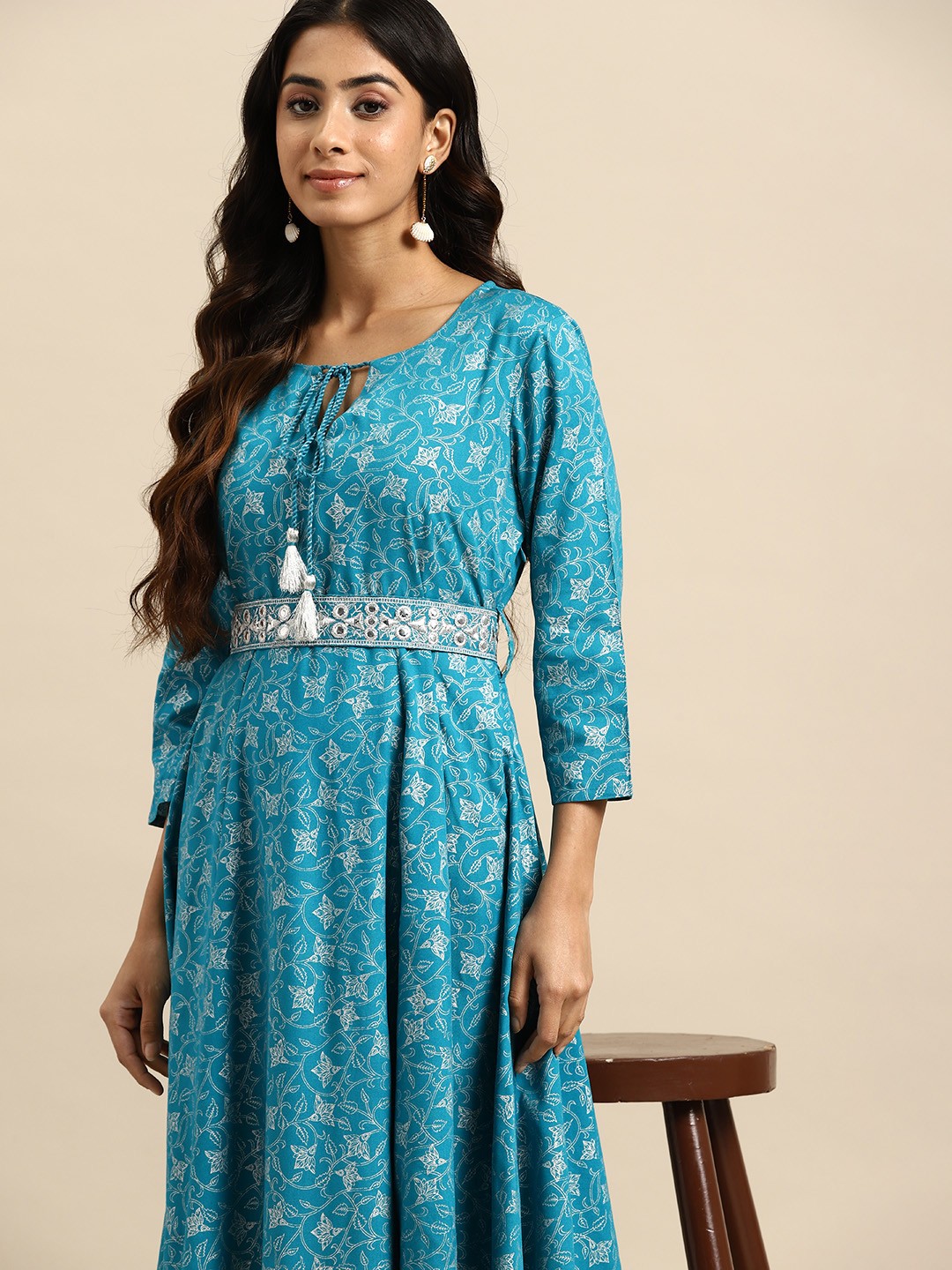 

all about you Foil Print Tie-Up Neck A-Line Dress, Turquoise blue