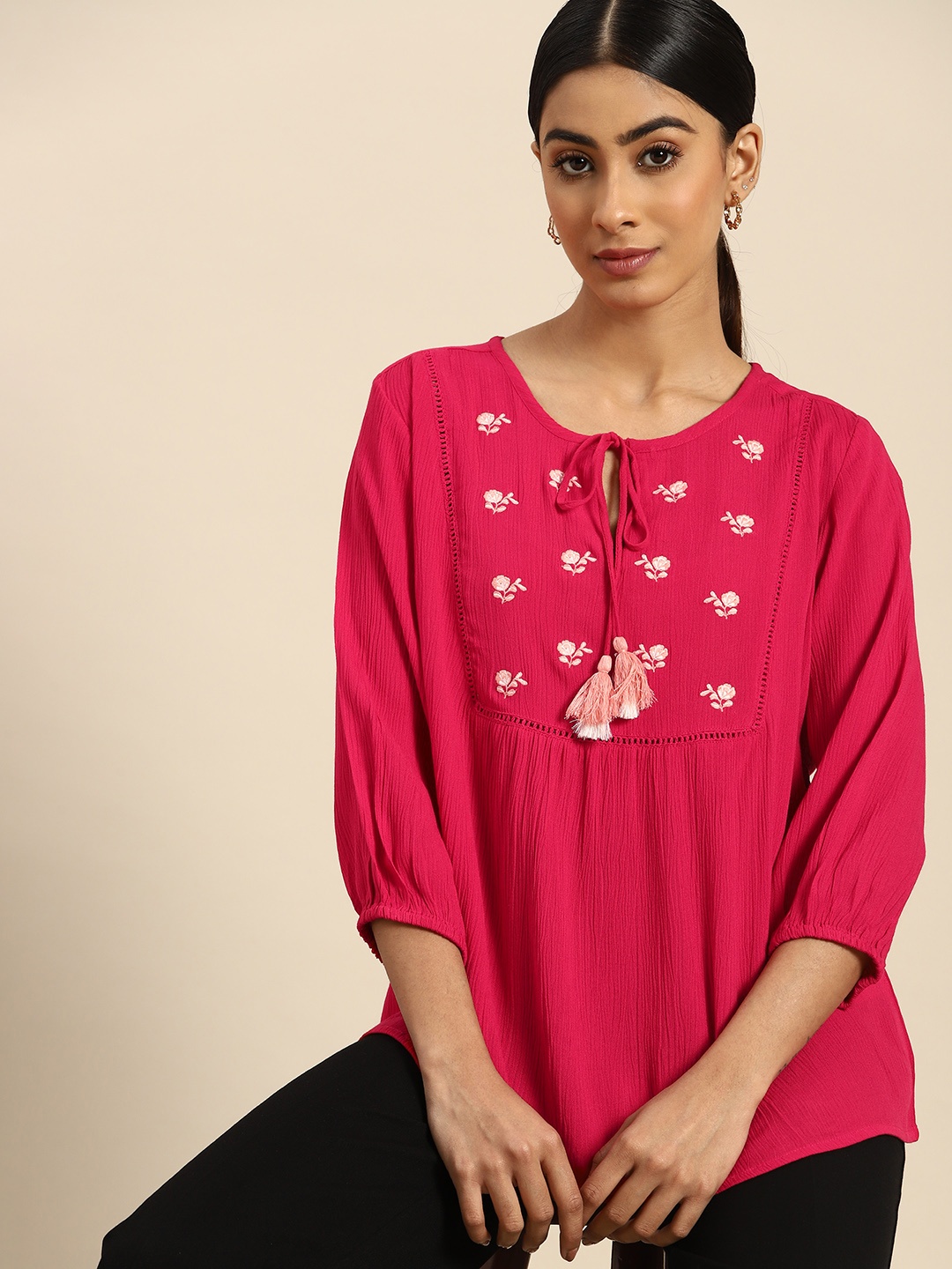 

all about you Floral Embroidered Tie-Up Neck Top, Fuchsia