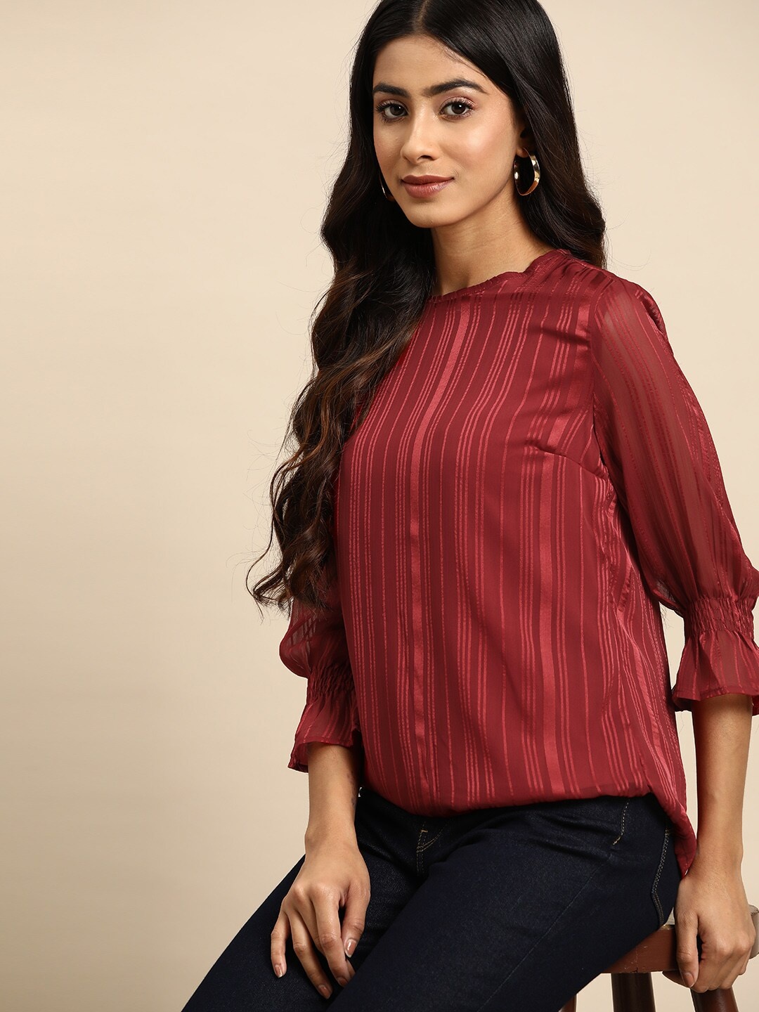 

all about you Striped Bell Sleeve Top, Maroon