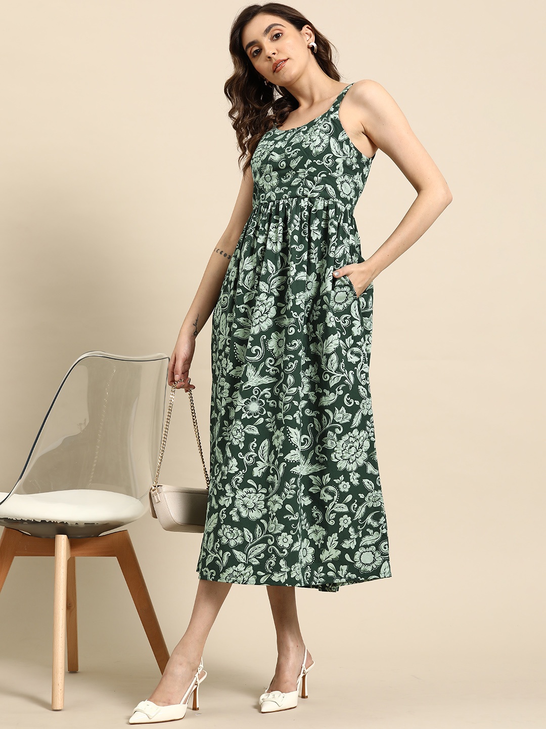 

all about you Printed Pure Cotton A-Line Midi Ethnic Dress, Green