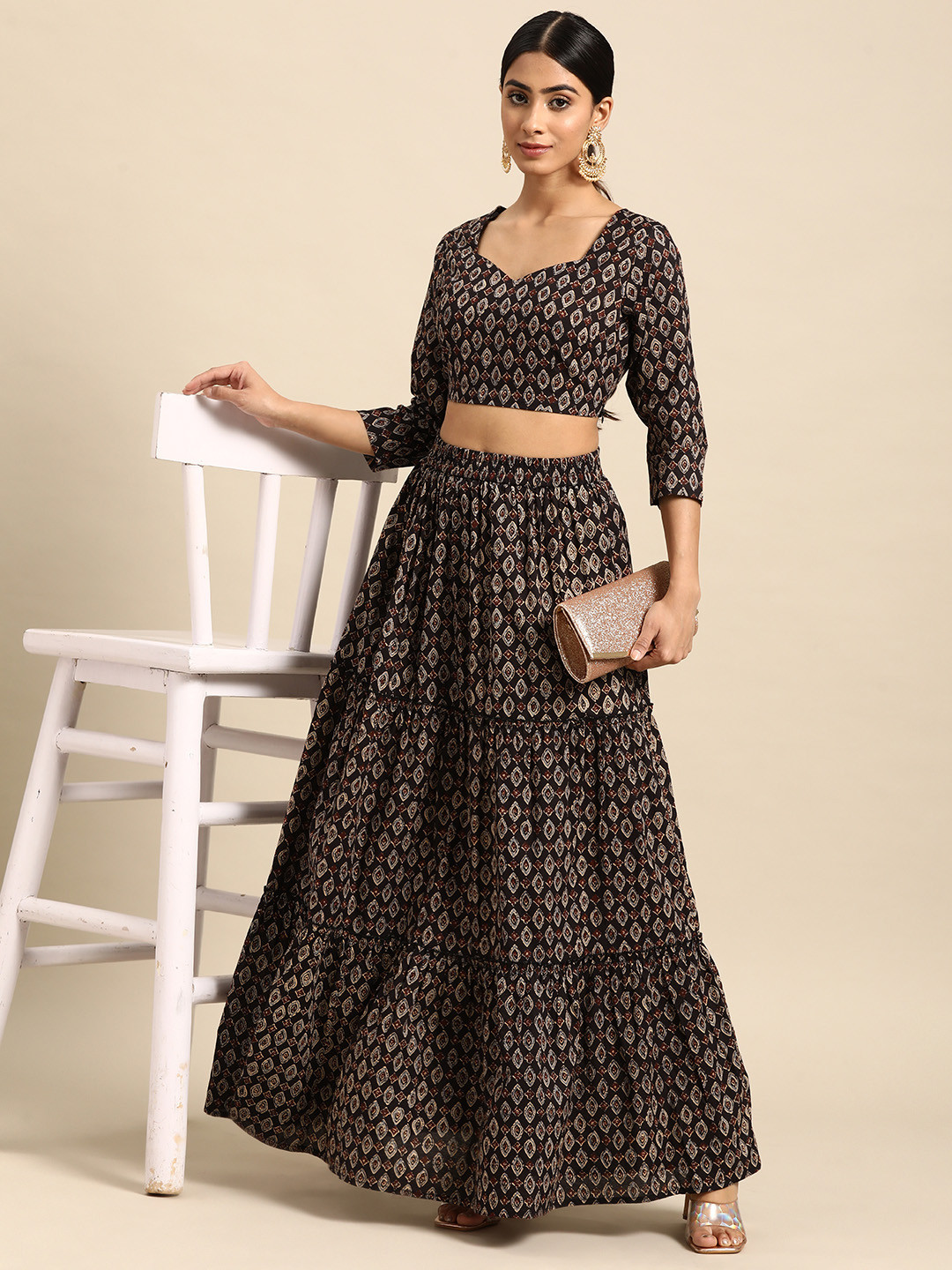 

all about you Cotton Printed Ready to Wear Lehenga Set, Black