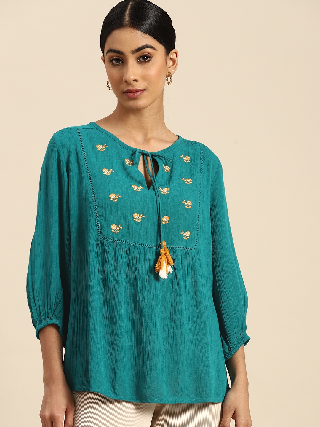 

all about you Floral Embroidered Tie-Up Neck Top, Teal