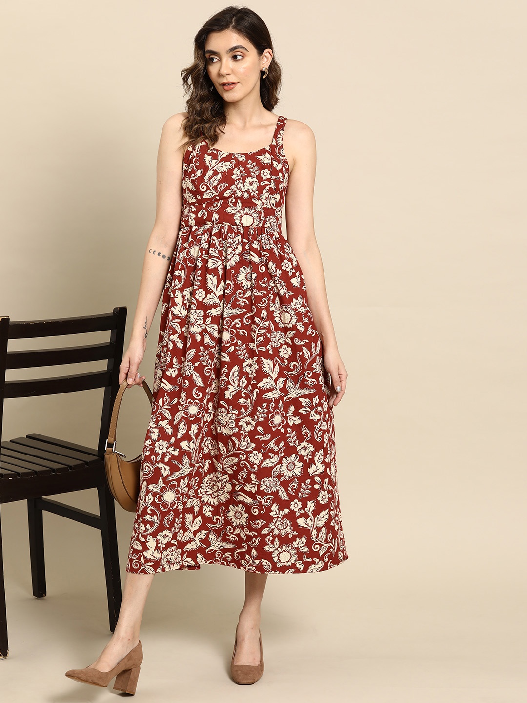 

all about you Printed Pure Cotton A-Line Midi Ethnic Dress, Rust