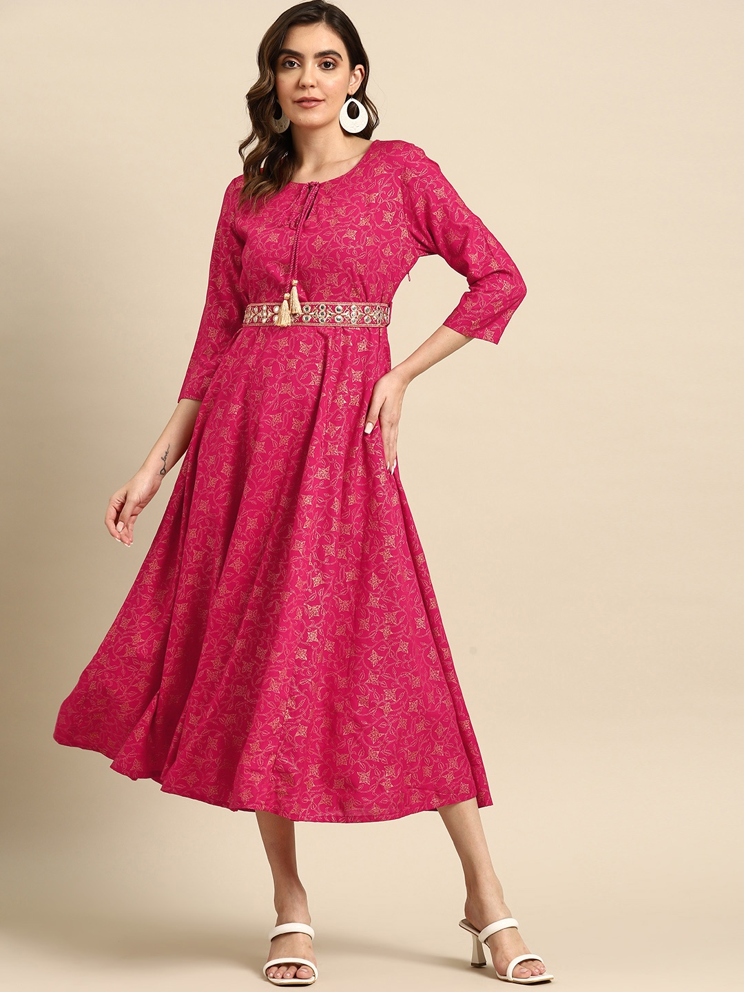 

all about you Foil Print Tie-Up Neck A-Line Dress, Red