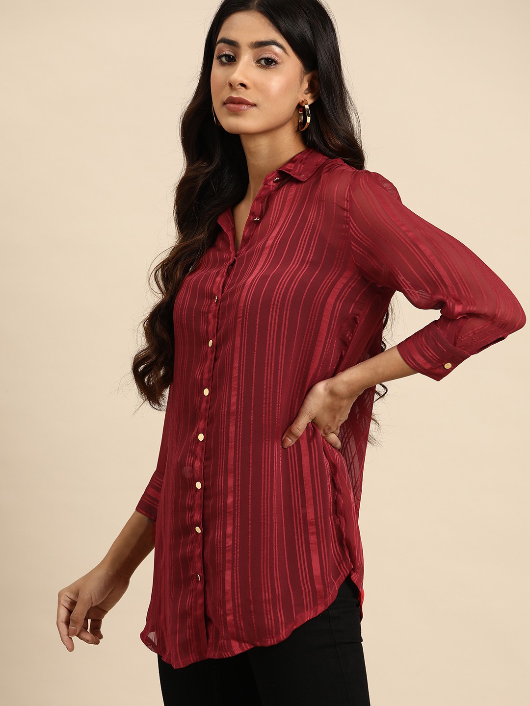 

all about you Women Semi Sheer Striped Casual Shirt, Red