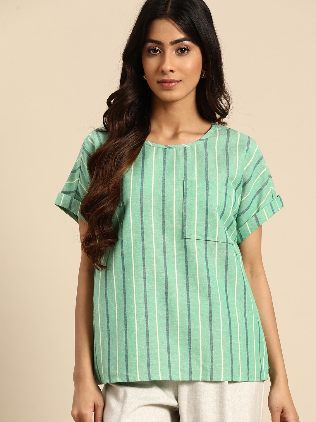 

all about you Striped Extended Sleeves Pure Cotton Top, Green
