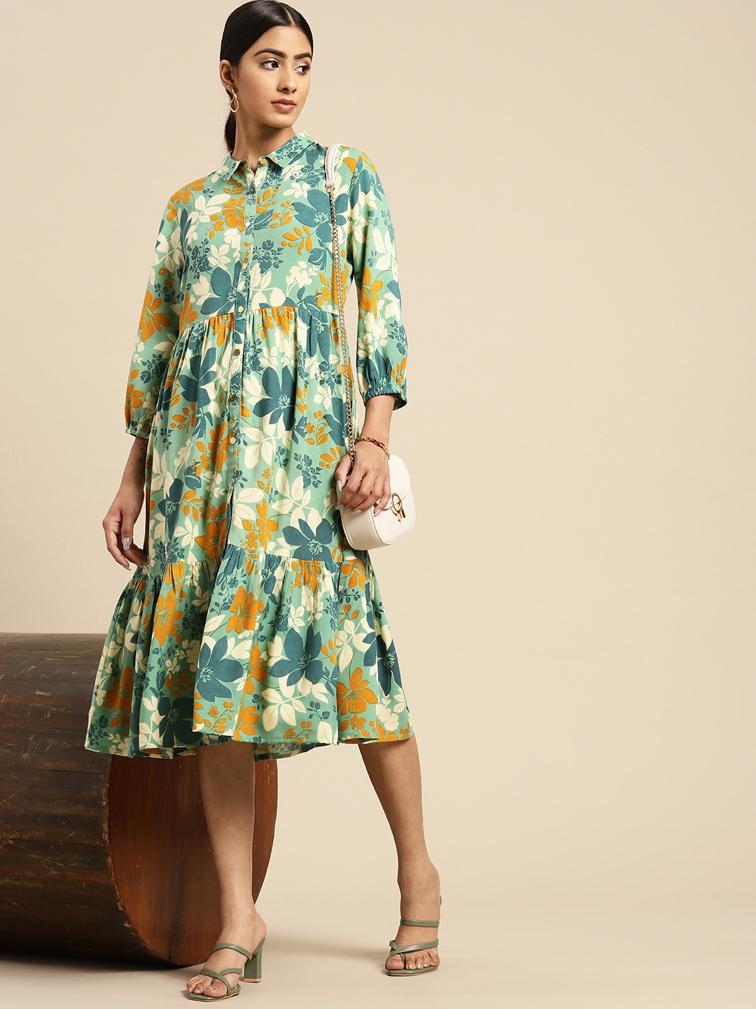 

all about you Floral Print Puff Sleeve Tiered A-Line Dress, Green