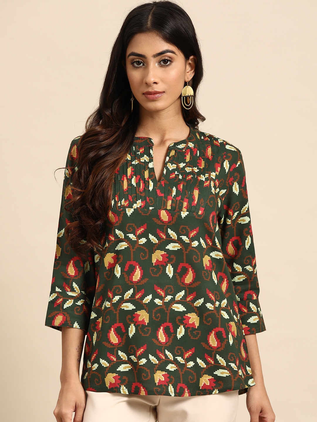 

all about you Green & Red Ethnic Motifs Printed Pleated Top