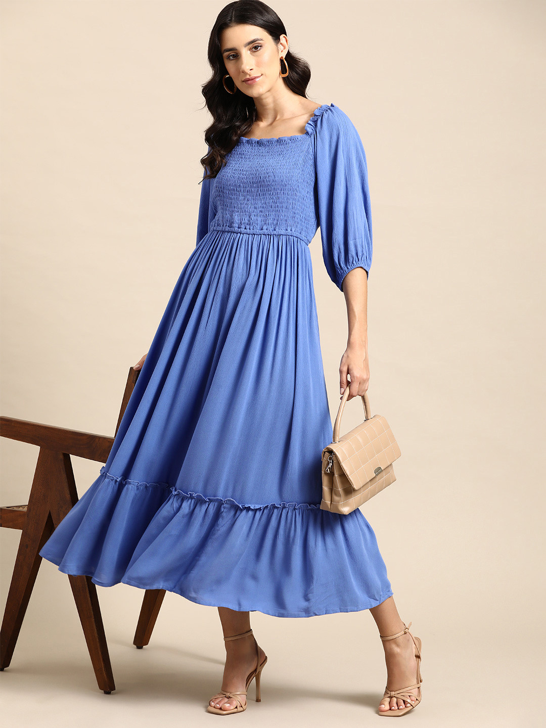 

all about you Smocked Puff Sleeve A-Line Midi Dress, Blue