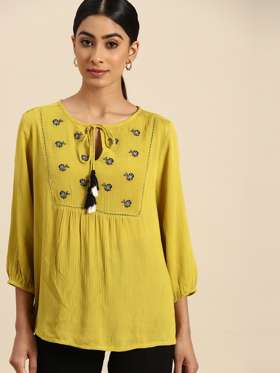 

all about you Floral Embroidered Tie-Up Neck Top, Green