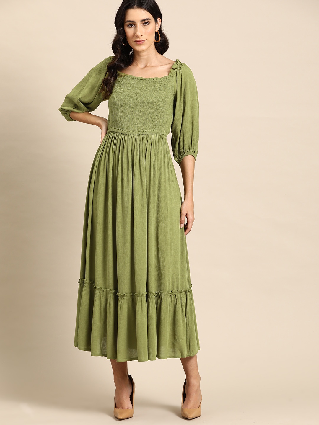

all about you Smocked Puff Sleeve A-Line Midi Dress, Olive