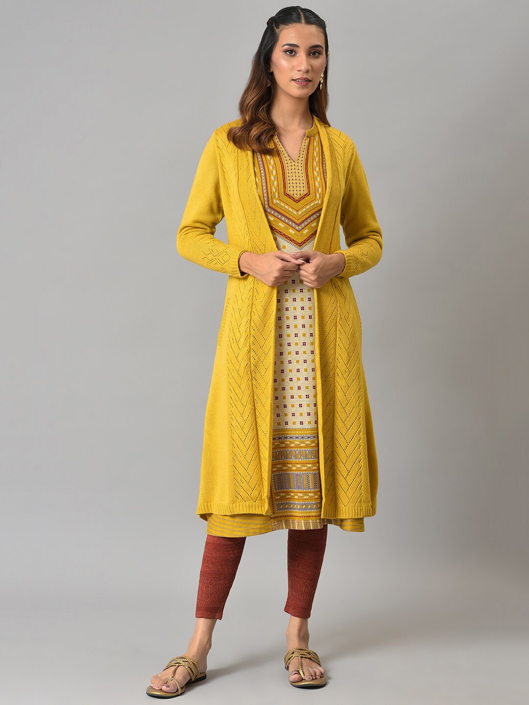 

AURELIA Women Longline Acrylic Front Open, Yellow