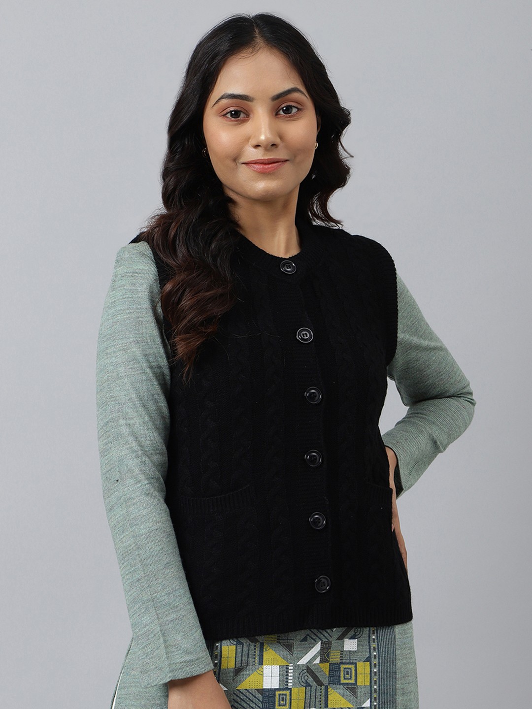 

AURELIA Women Cable Knit Acrylic Cardigan, Black