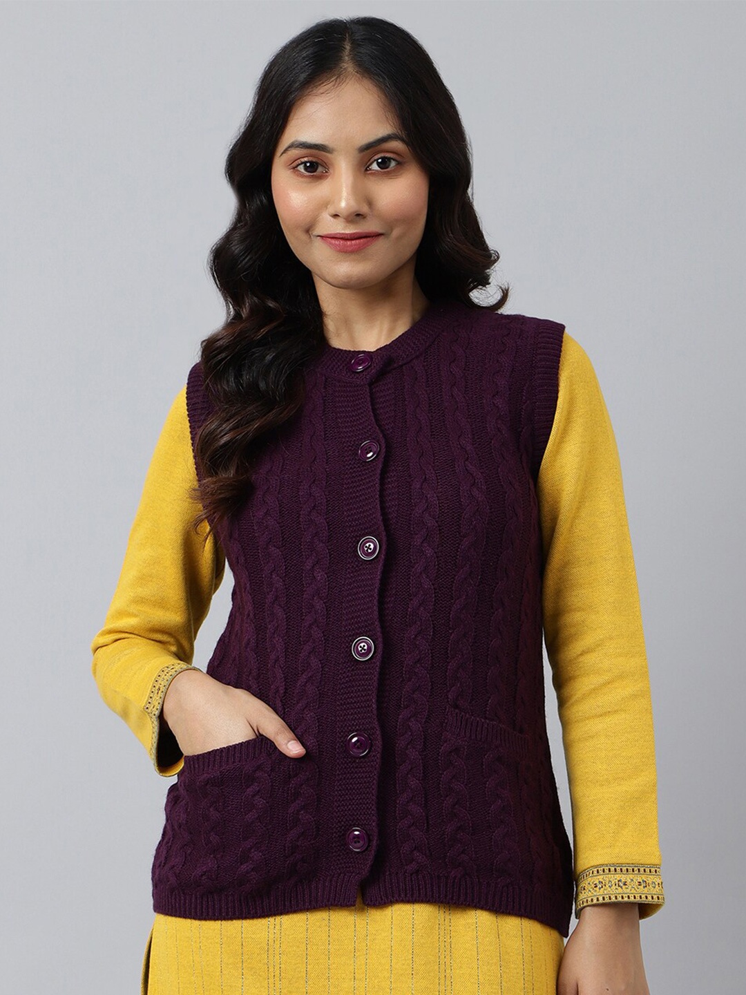 

AURELIA Women Cable Knit Acrylic Cardigan, Purple