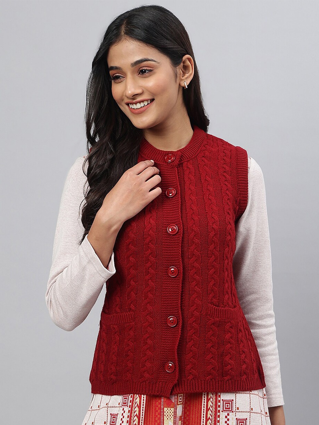 

AURELIA Women Cable Knit Acrylic Cardigan, Red