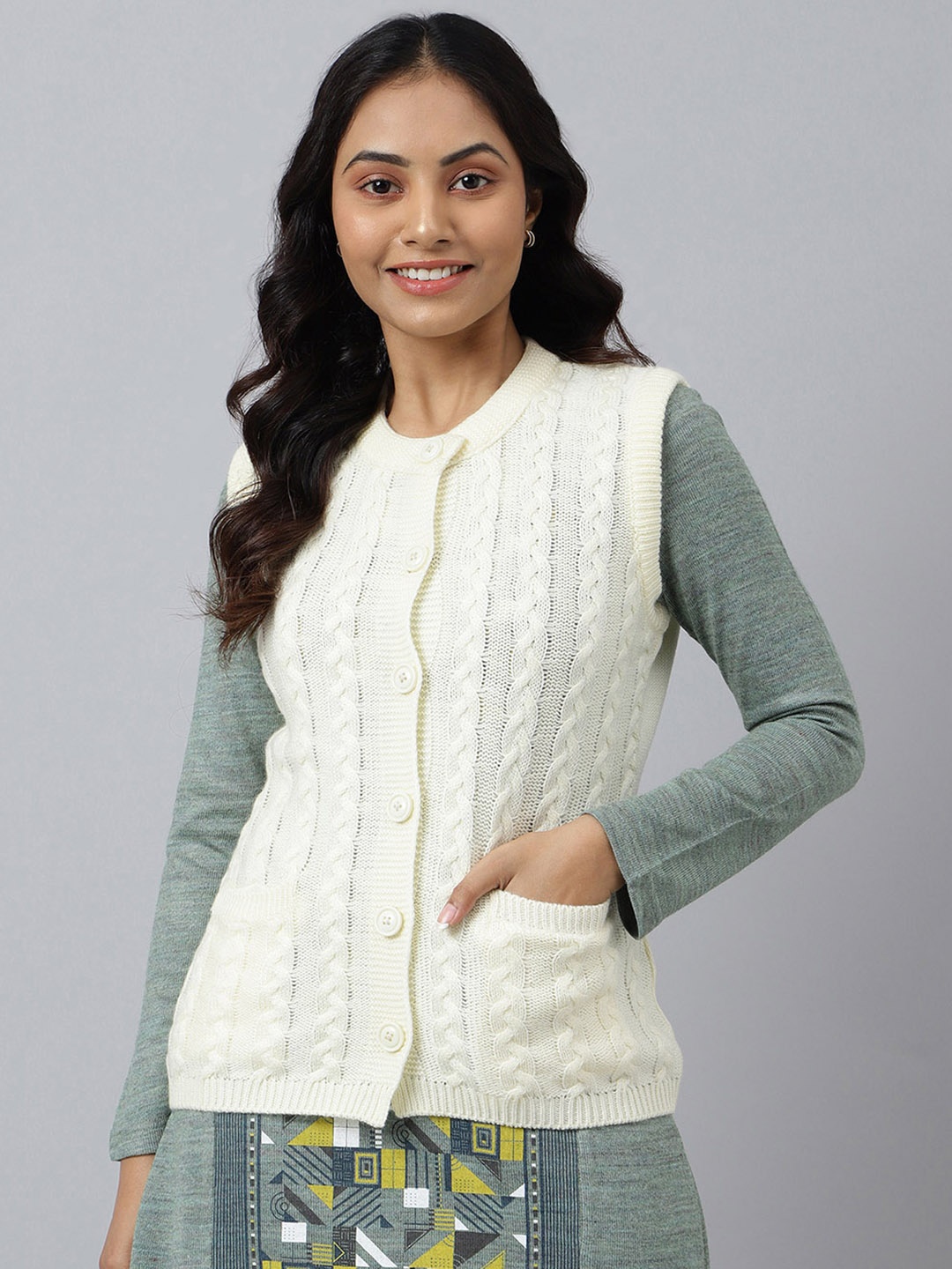 

AURELIA Women Cable Knit Acrylic Cardigan, White