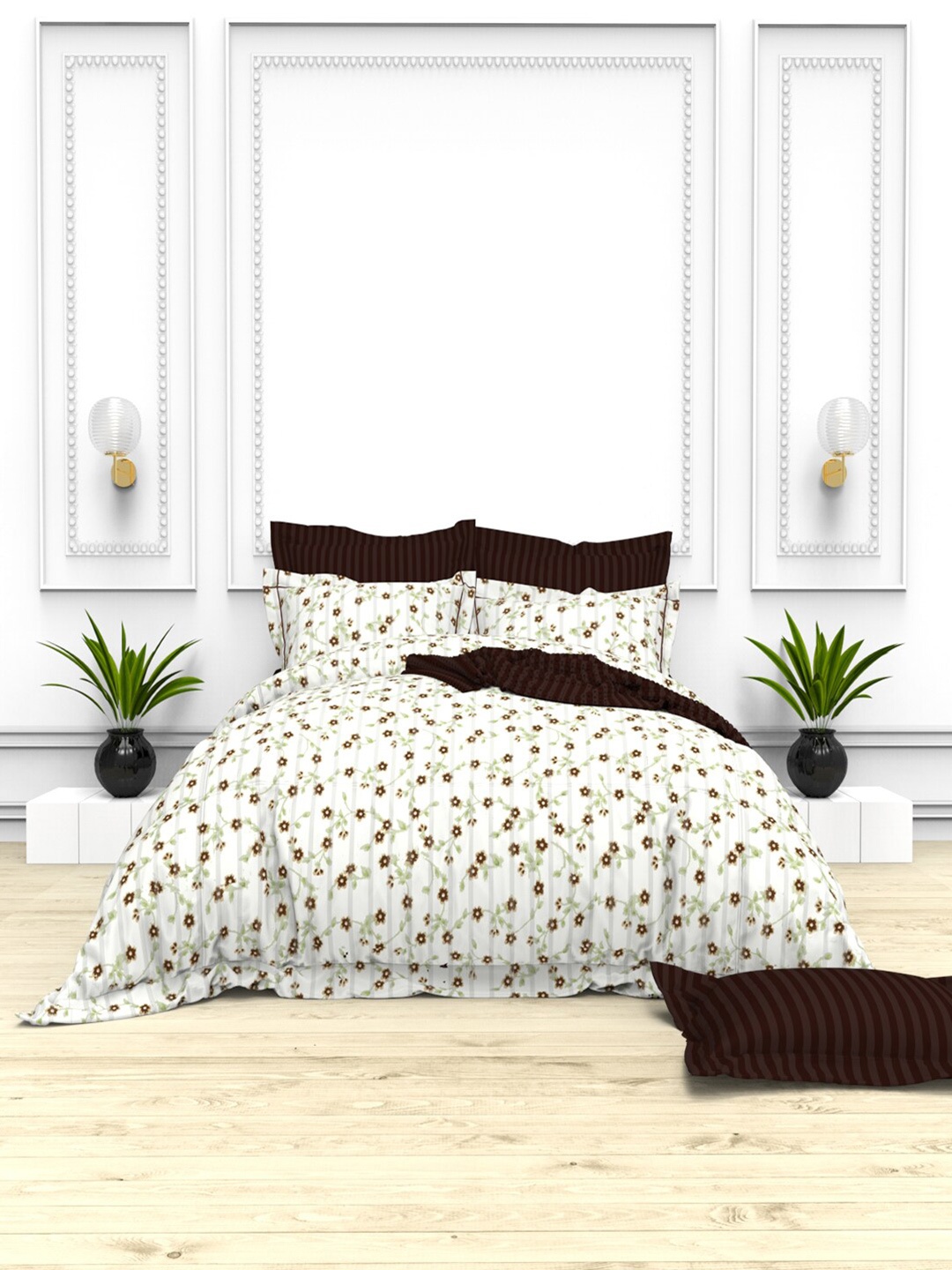 

THE WHITE MOSS White & Off White Floral 220 TC King Cotton Bedsheet with 4 Pillow Covers