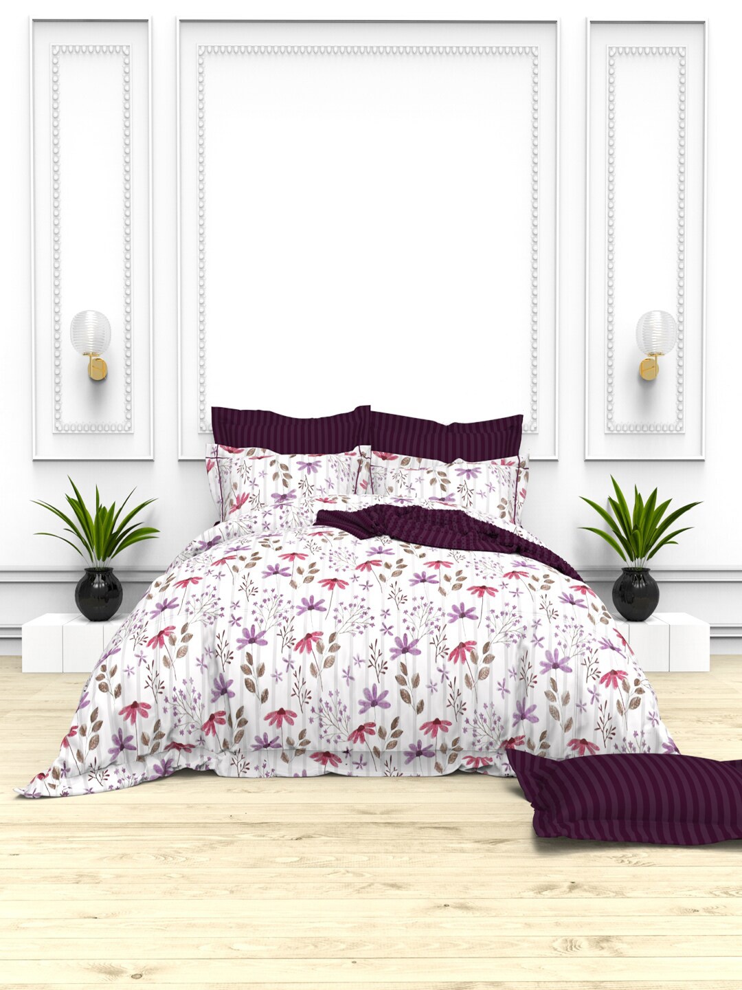 

THE WHITE MOSS White & Purple Floral 100% Cotton 220 TC King Bedsheet with 4 Pillow Covers