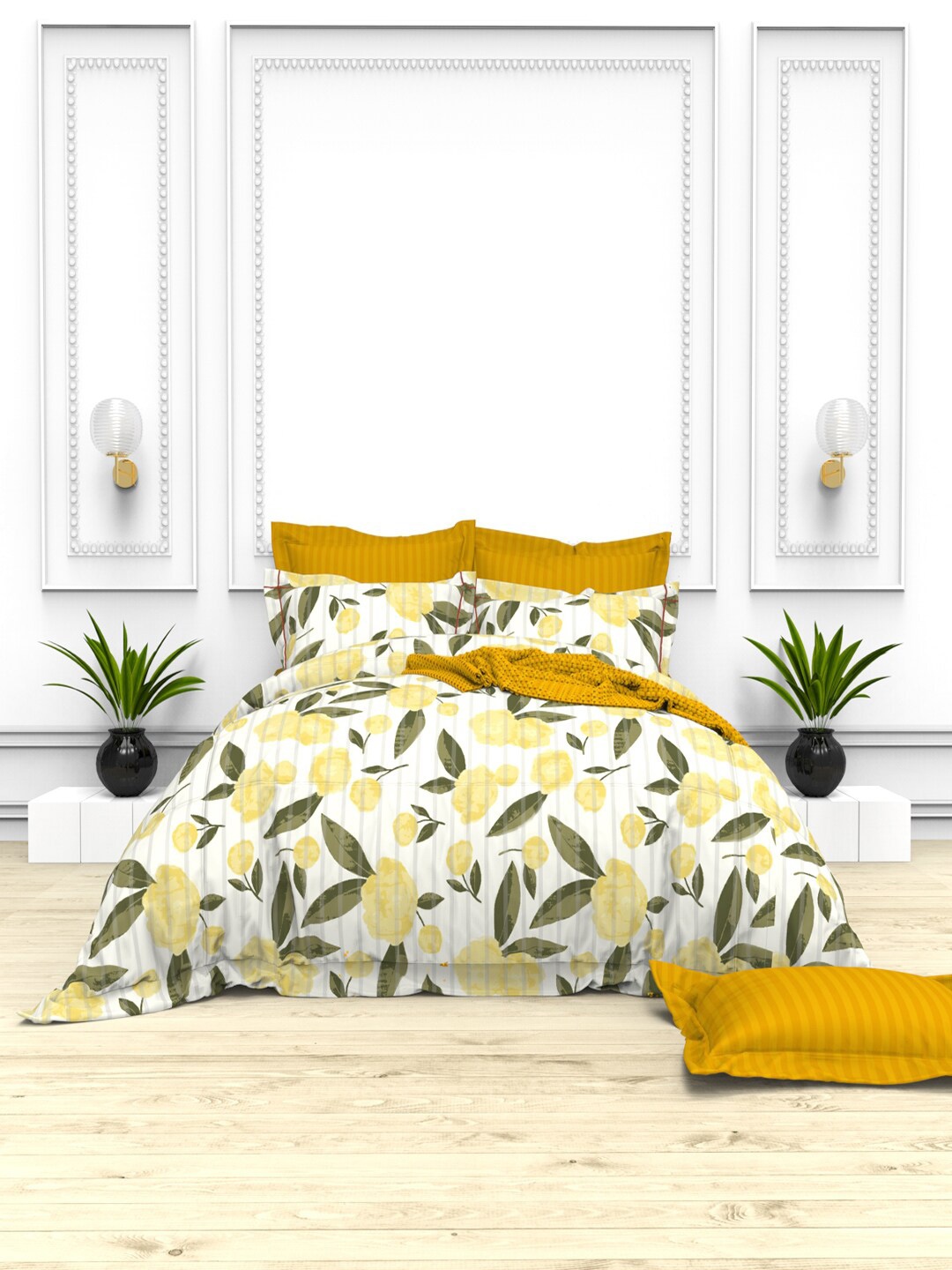 

THE WHITE MOSS Yellow & White Floral 100% Cotton 220 TC King Bedsheet with 4 Pillow Covers