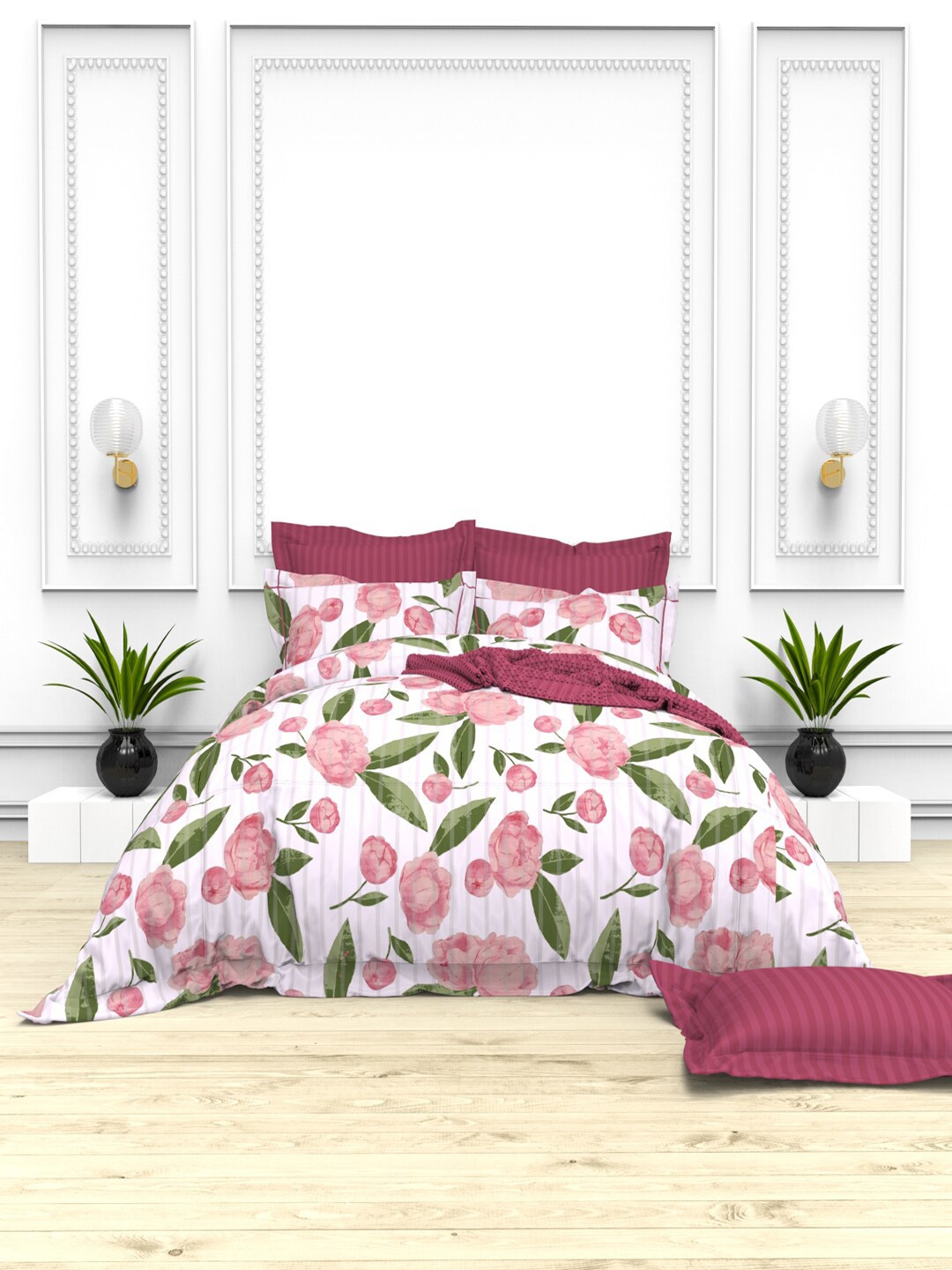 

THE WHITE MOSS Pink & Off White 100% Cotton 220 TC King Bedsheet with 4 Pillow Covers