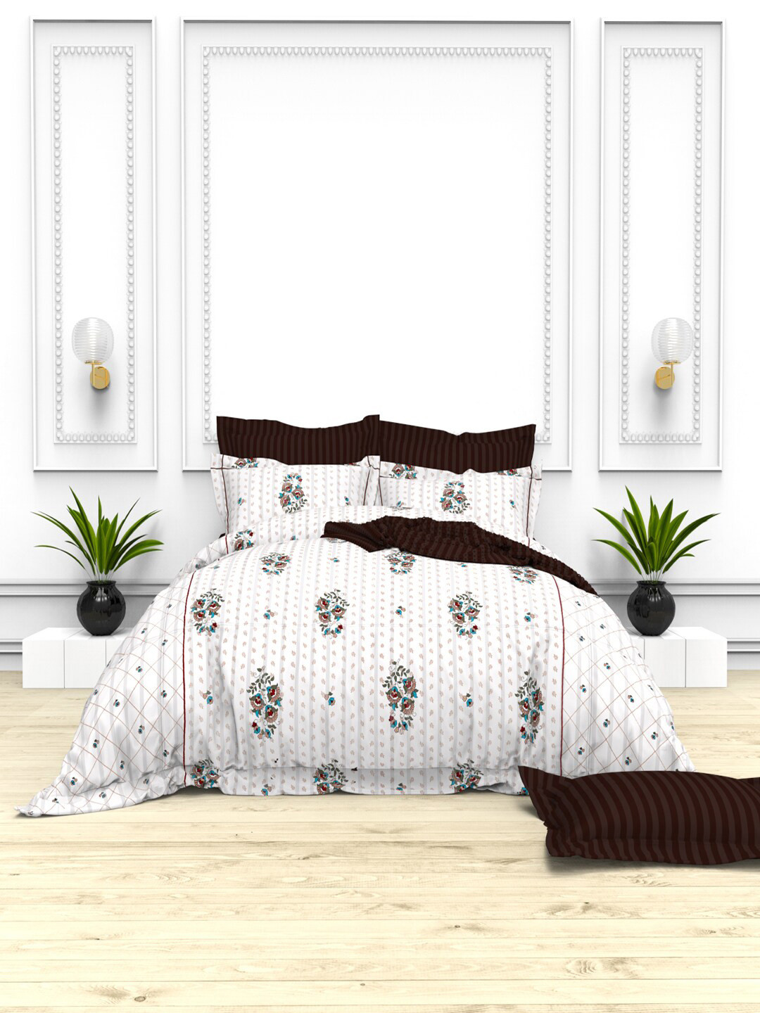 

THE WHITE MOSS Brown & Off White 100% Cotton 220 TC King Bedsheet with 4 Pillow Covers