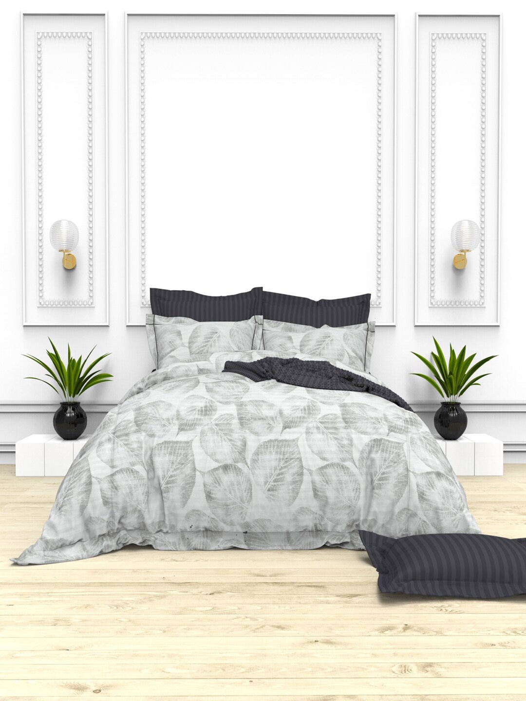

THE WHITE MOSS Grey & White 100% Cotton 220 TC King Bedsheet with 4 Pillow Covers