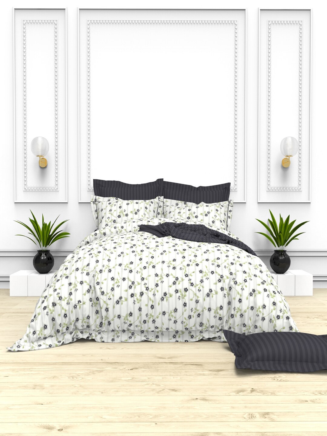 

THE WHITE MOSS Off White & Grey 100% Cotton 220 TC King Bedsheet with 4 Pillow Covers