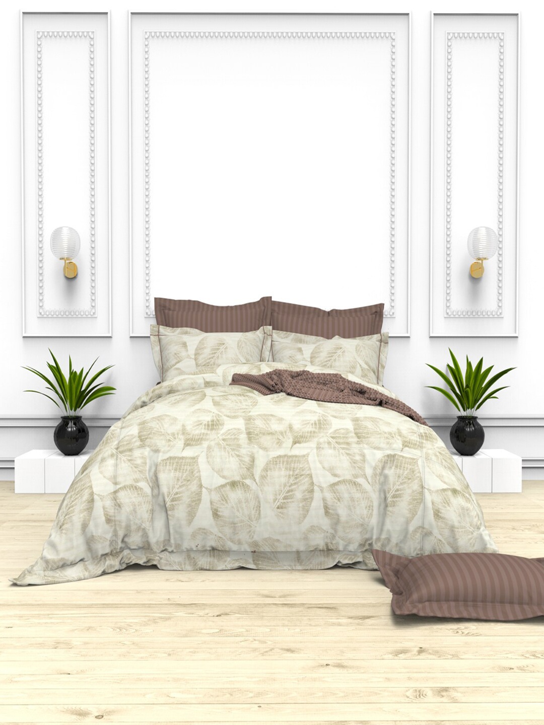 

THE WHITE MOSS Yellow & Brown 100% Cotton 220 TC King Bedsheet with 4 Pillow Covers
