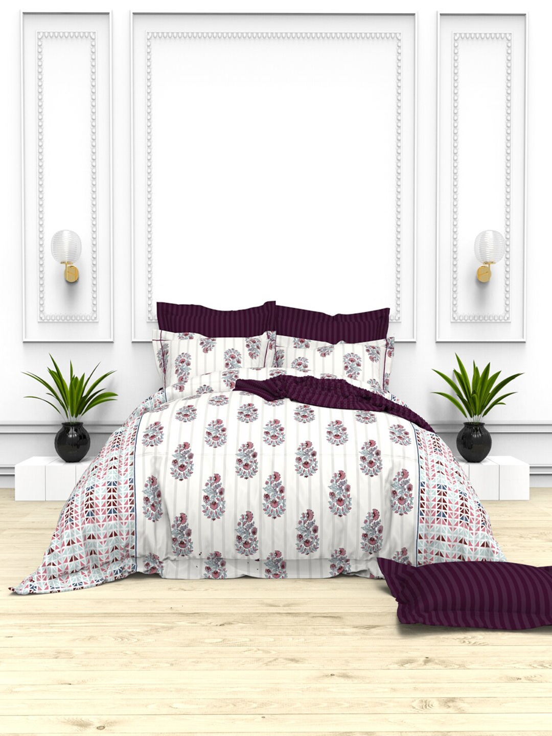 

THE WHITE MOSS Off White & Brown 100% Cotton 220 TC King Bedsheet with 4 Pillow Covers