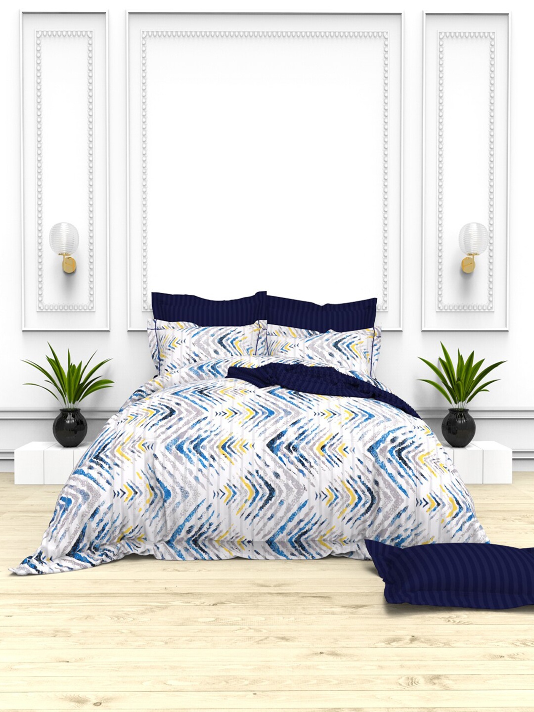 

THE WHITE MOSS Off White & Blue 100% Cotton 220 TC King Bedsheet with 4 Pillow Covers