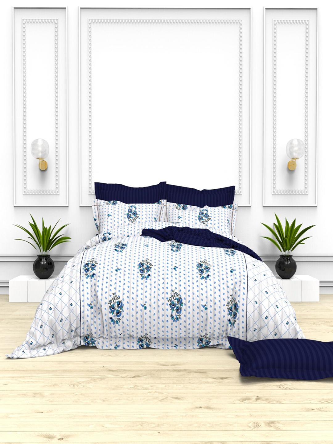 

THE WHITE MOSS Off White & Blue 100% Cotton 220 TC King Bedsheet with 4 Pillow Covers