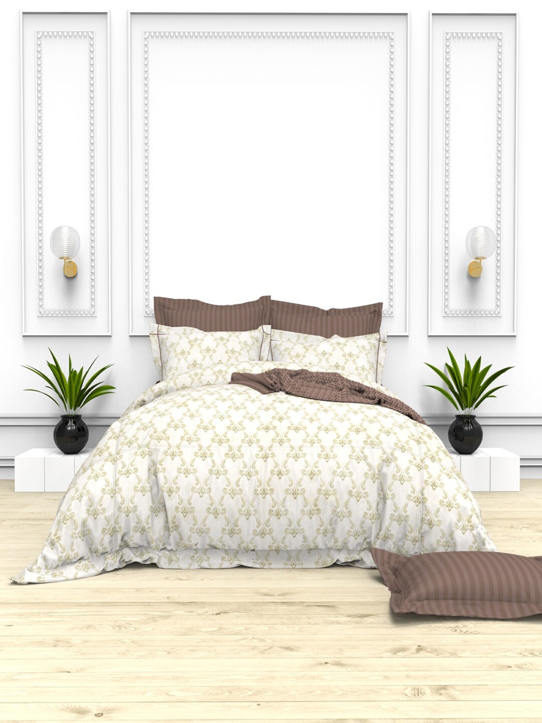 

THE WHITE MOSS Yellow & Brown 100% Cotton 220 TC King Bedsheet with 4 Pillow Covers