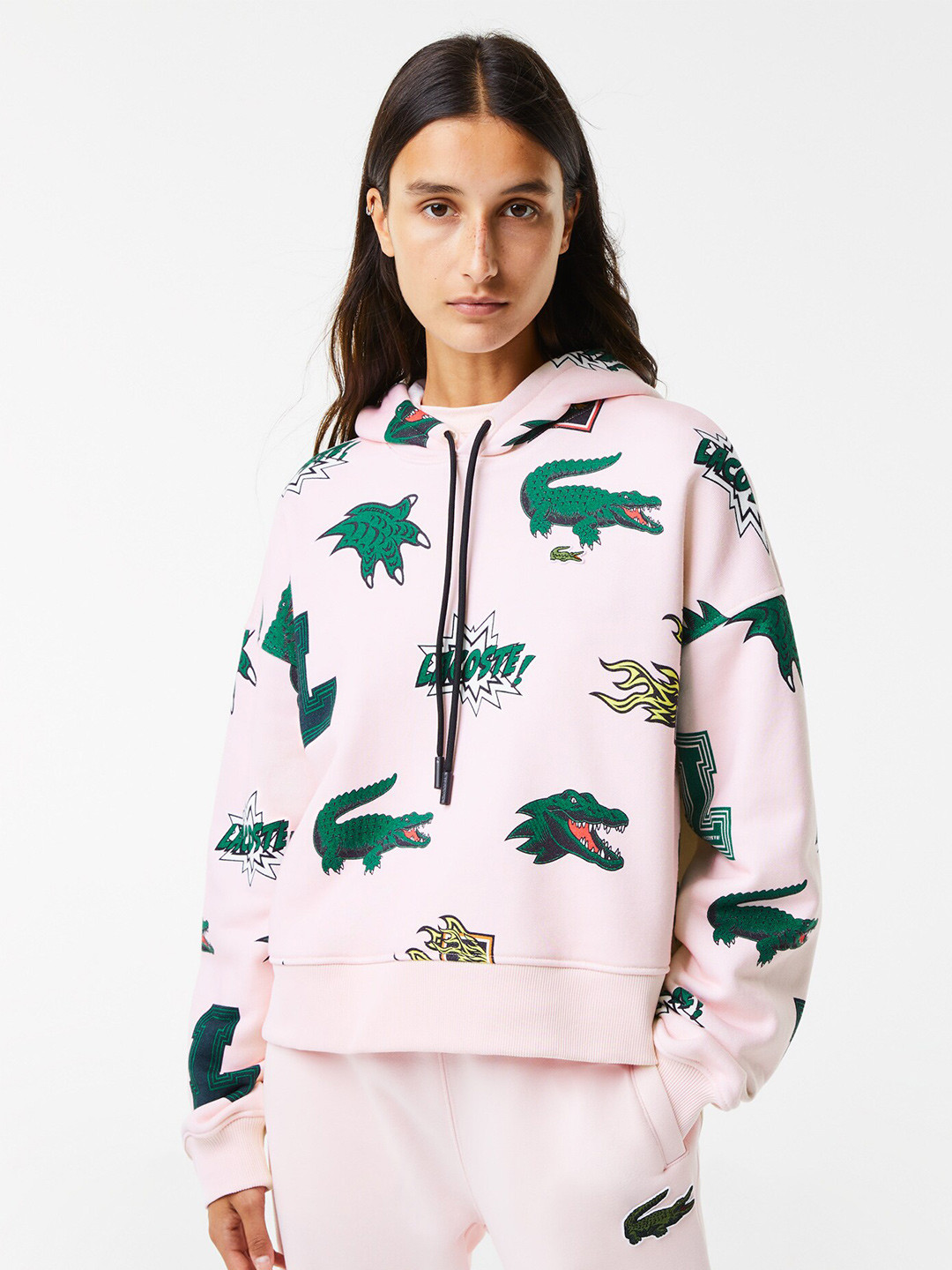 

Lacoste Women Printed Hooded Cotton Sweatshirt, Pink