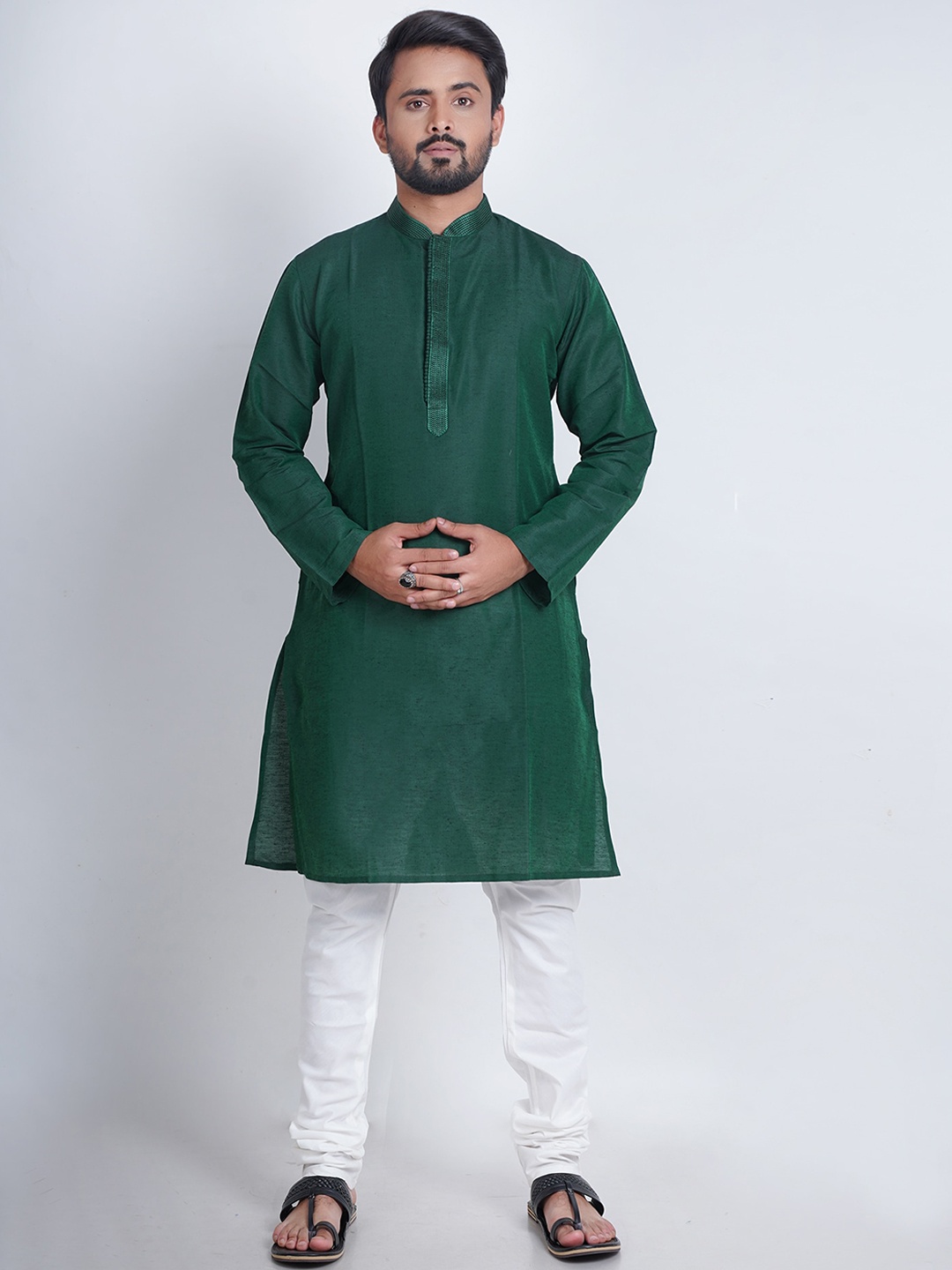 

HERE&NOW Men Long Sleeves Mandarin Collar Kurta, Green