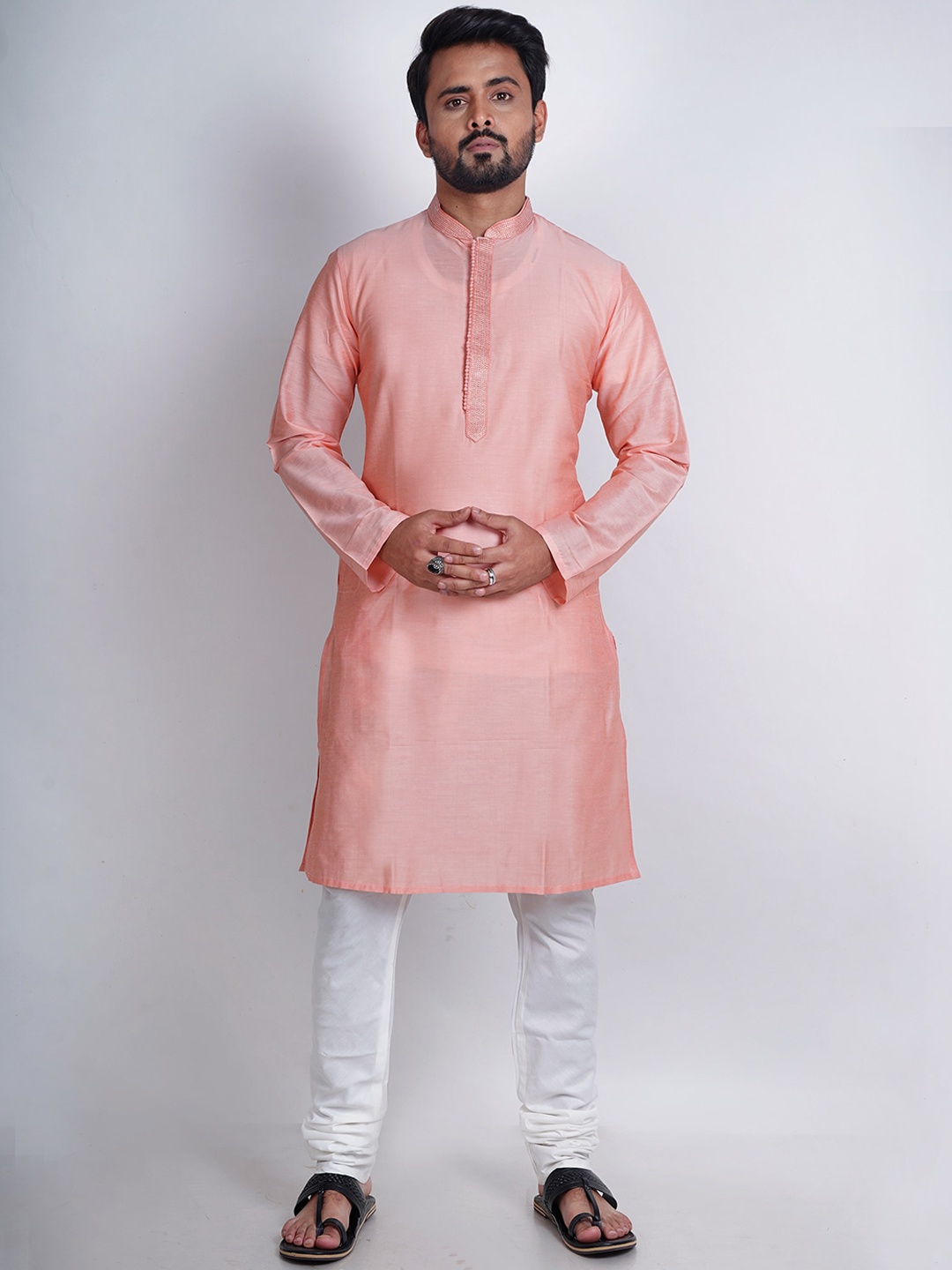 

HERE&NOW Men Long Sleeves Mandarin Collar Kurta, Peach