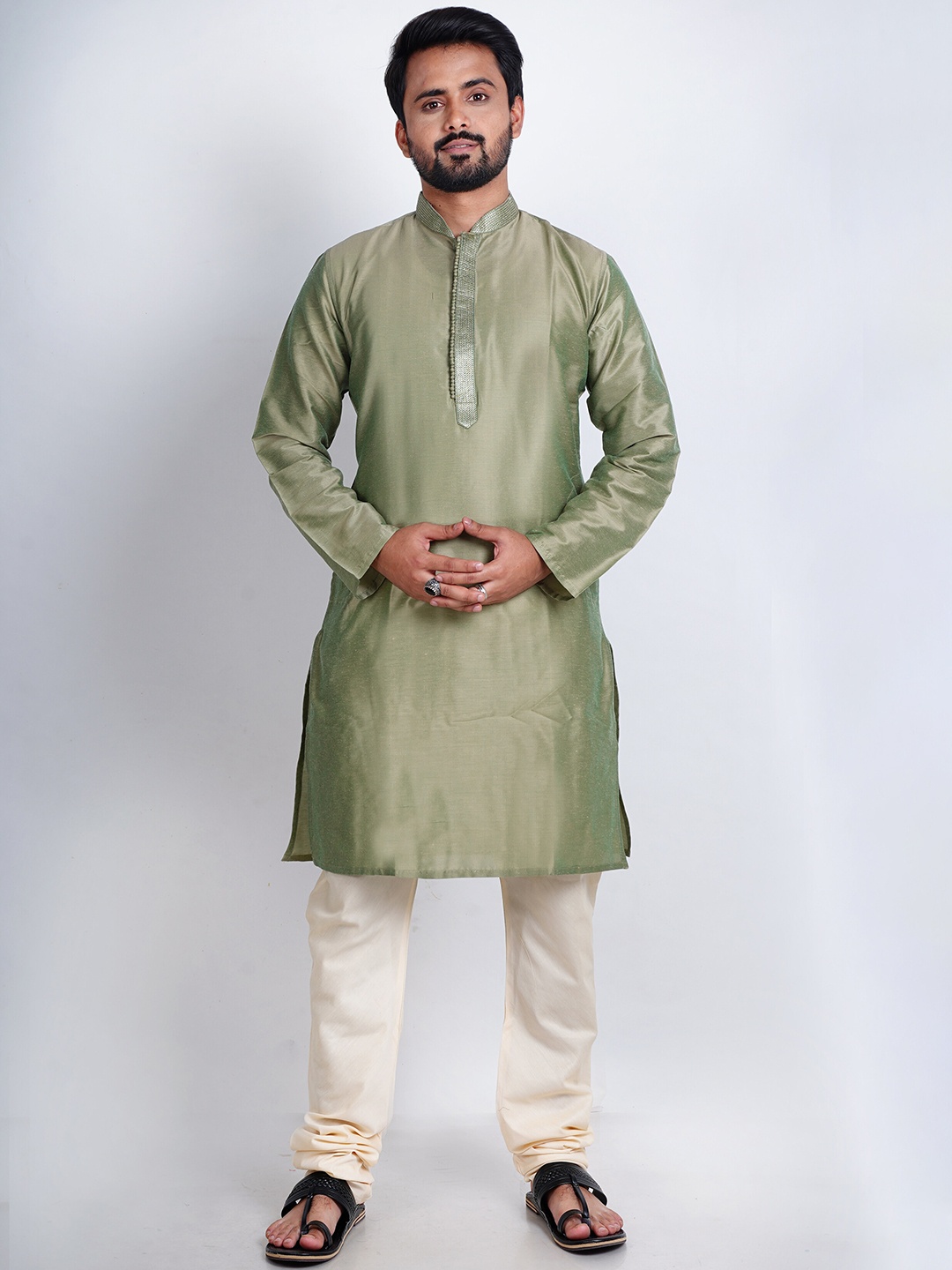 

HERE&NOW Men Men Long Sleeves Mandarin Collar Kurta, Lime green
