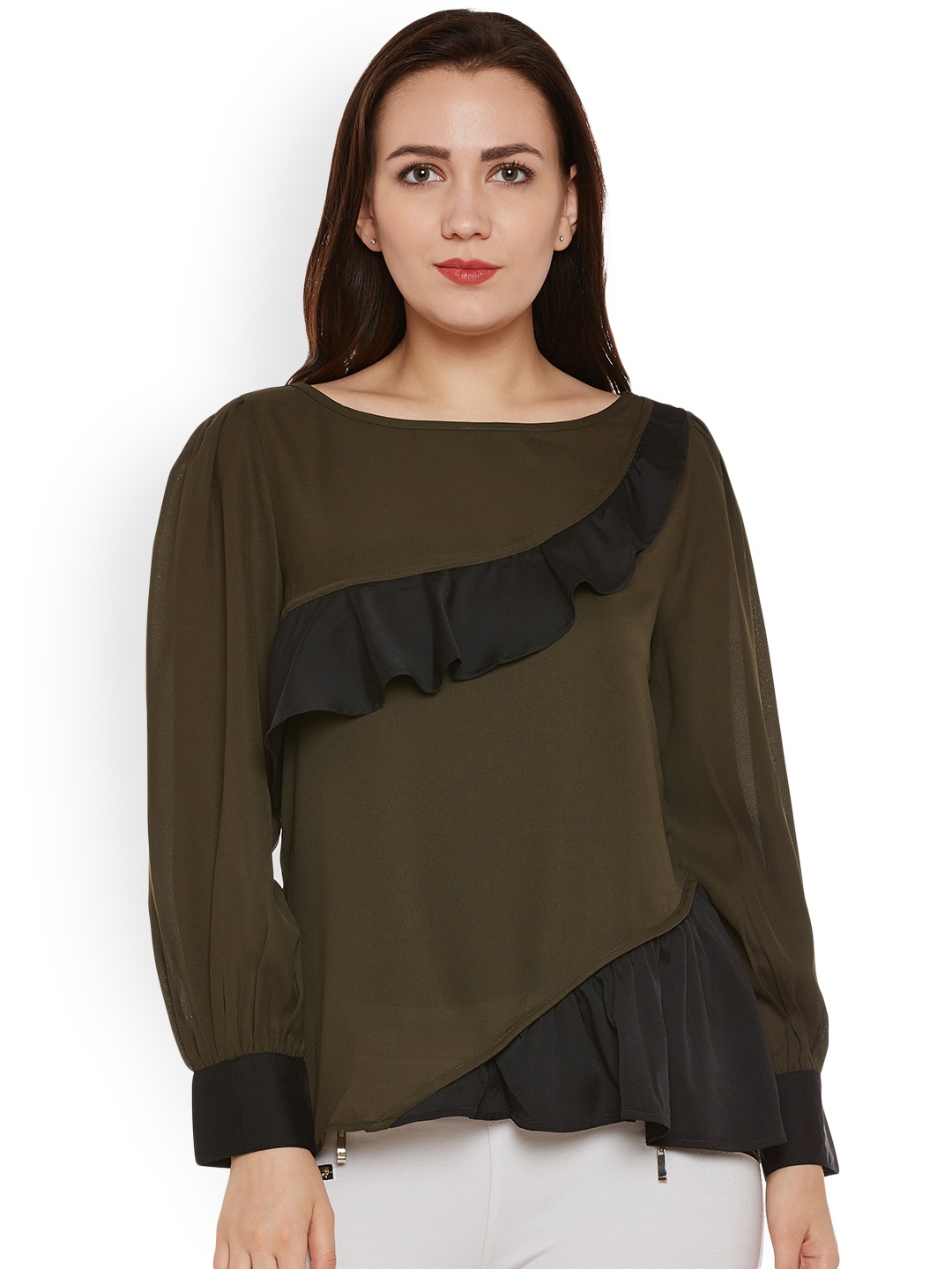 

Oxolloxo Women Olive Green & Black Colourblocked Top