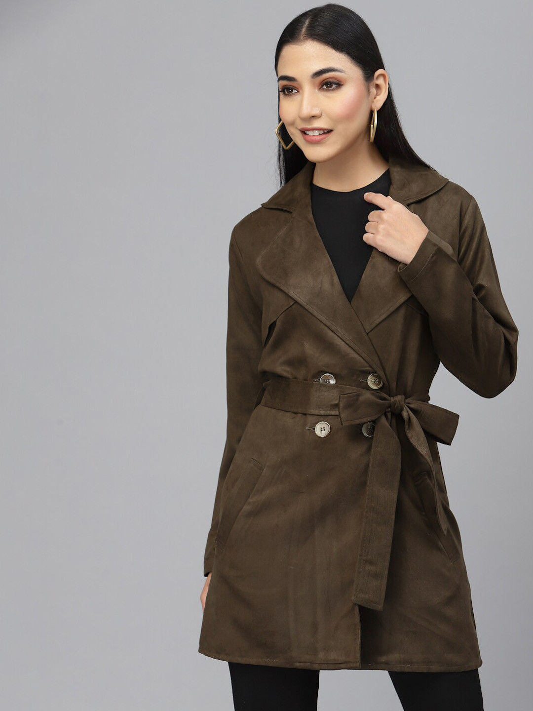 

Style Quotient Women Solid Suede Trench Coats, Olive