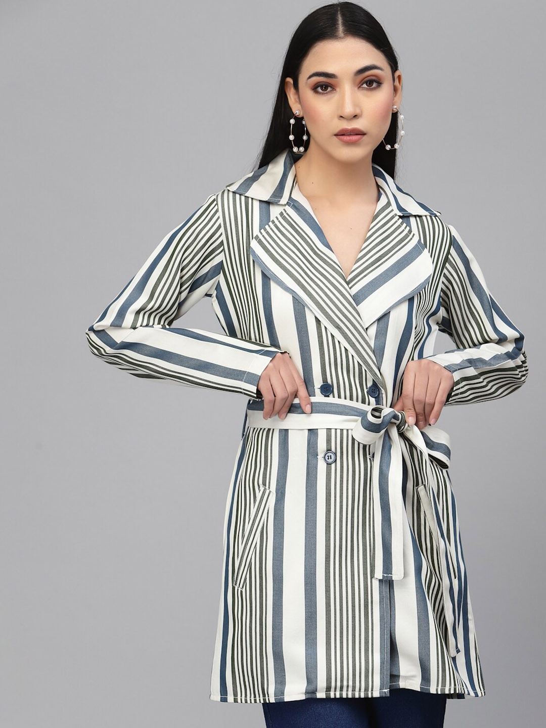 

Style Quotient Women Cotton Striped Trench Coat, White