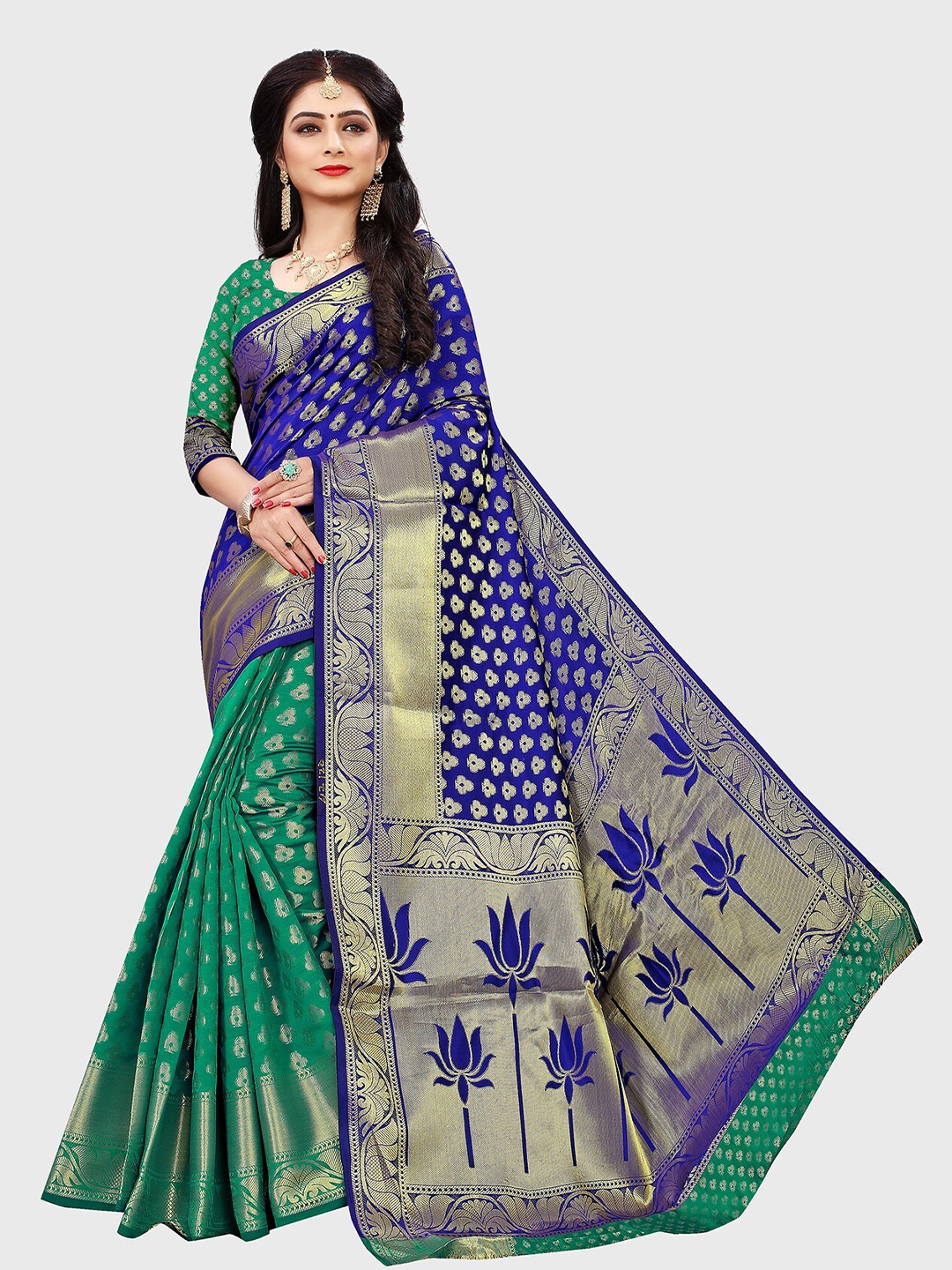 

Indian Fashionista Woven Design Zari Art Silk Maheshwari Saree, Navy blue