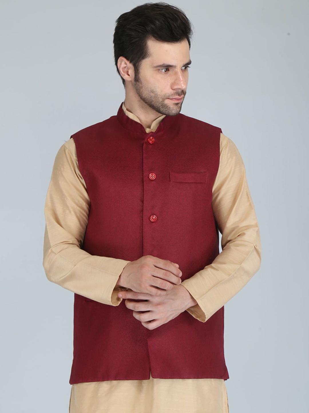 

UNCRAZY Men Woven Jute Cotton Nehru Jacket, Maroon