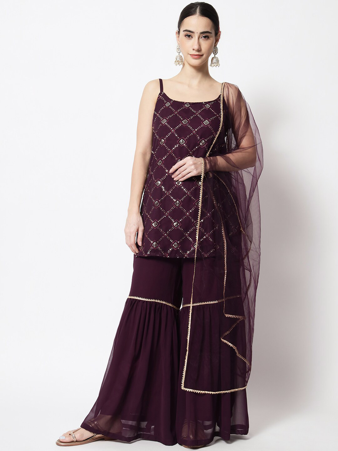 

studio rasa Women Purple Embroidered Thread Work Kurti with Sharara & With Dupatta