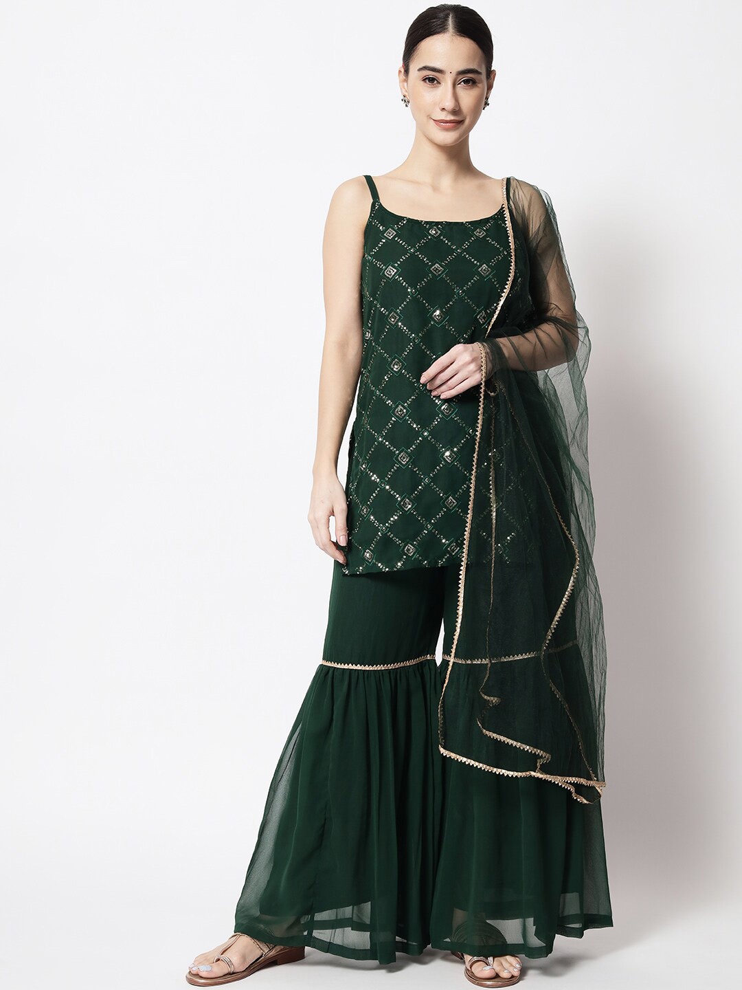 

studio rasa Women Green Embroidered Thread Work Kurti with Sharara & With Dupatta