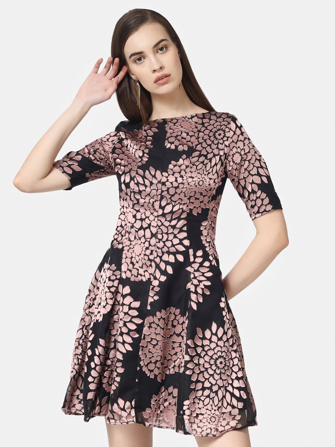 

Chanira La Parezza Floral Printed Boat Neck A-Line Dress, Black