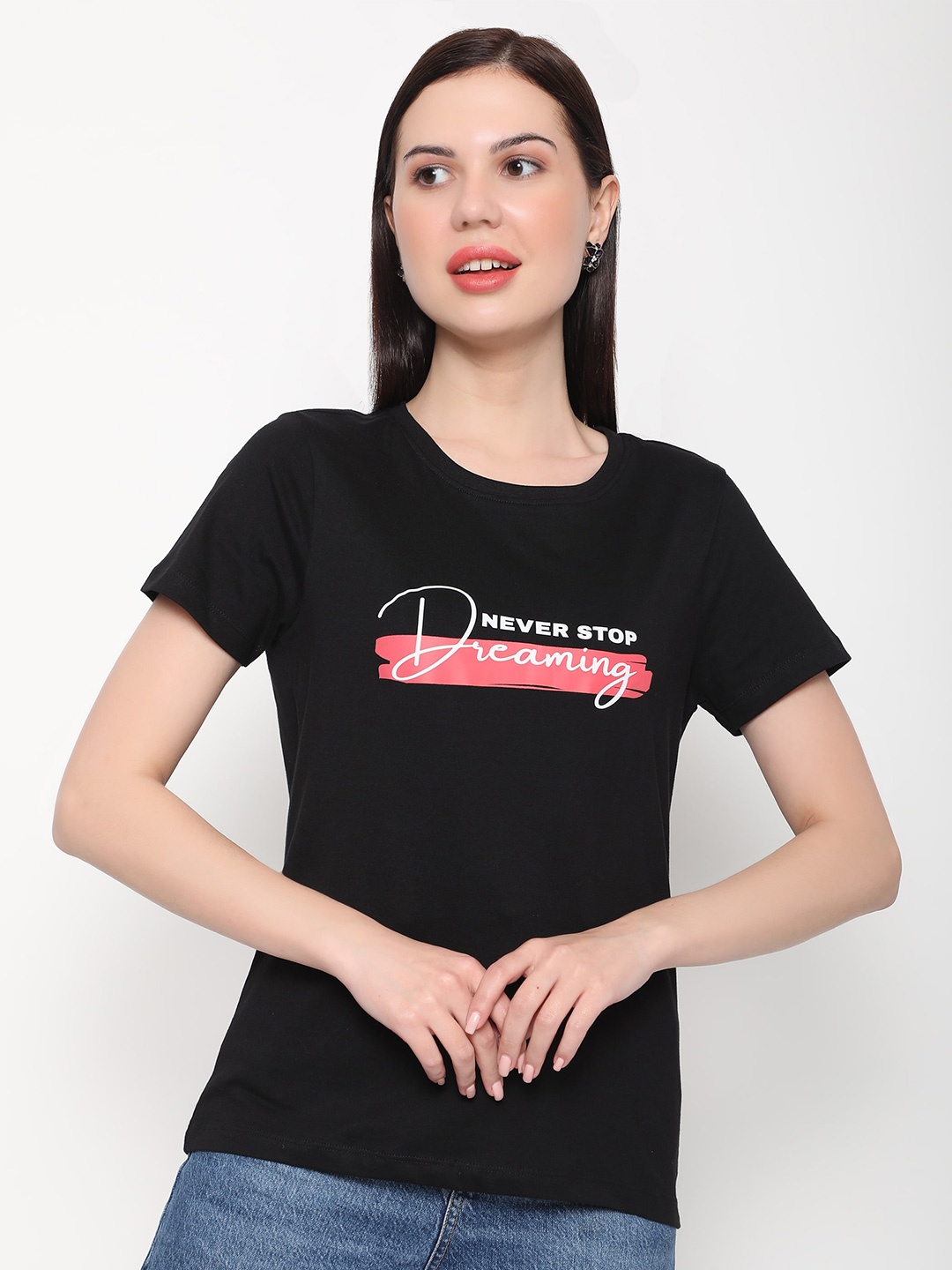 

Outflits Women Typography Printed Cotton T-shirt, Black